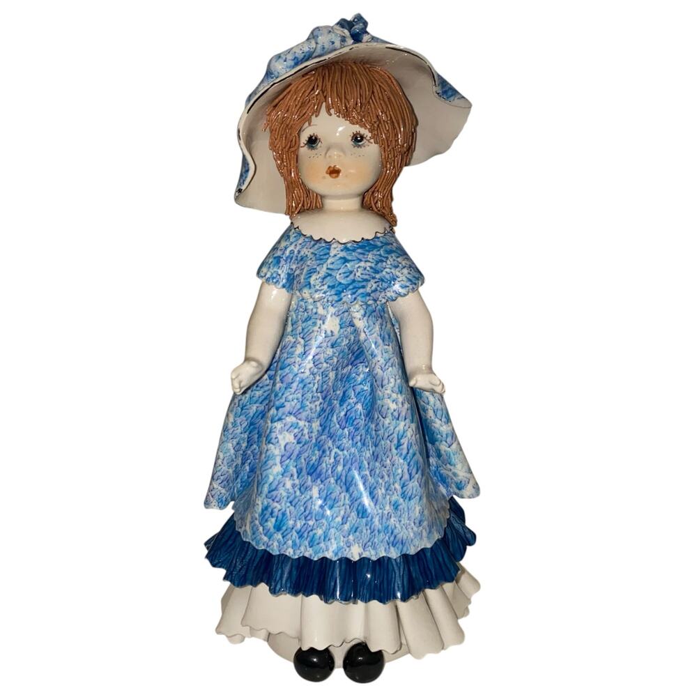 RARE Signed Lino Zampiva Porcelain Doll Figurine Italy Spaghetti Hair Blue Dress